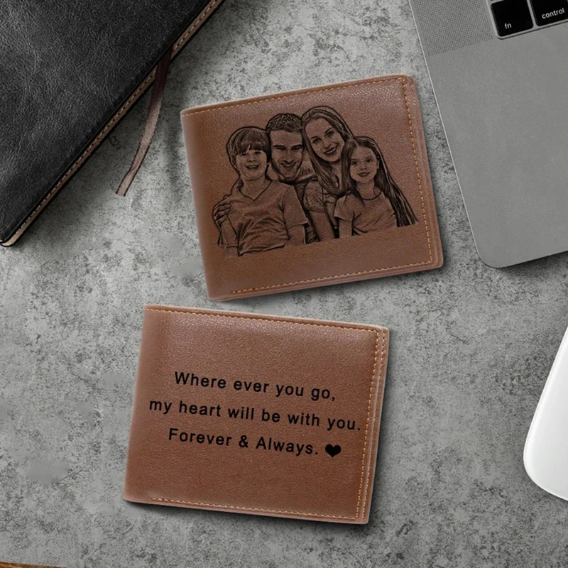 Picture Wallet Men Business Short Ultra-Thin Fashion Cowhide Bi-Fold Diy Customized Photo Carved Text Purse Valentine's Day Gift