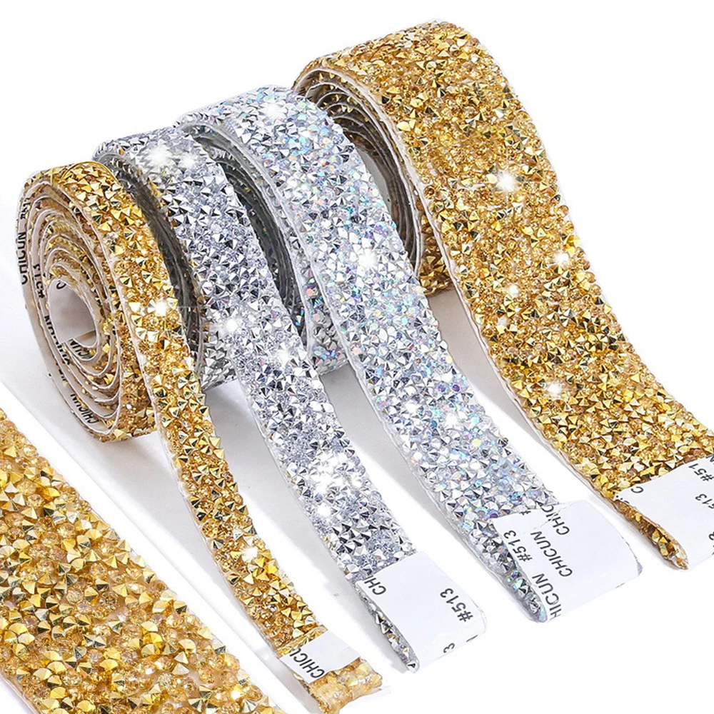 

1 Yard Self-Adhesive Gold Crystal Rhinestone Tape Trim Applicator DIY Shoes Dresses Decoration Rhinestones Ribbon Roll Crafts