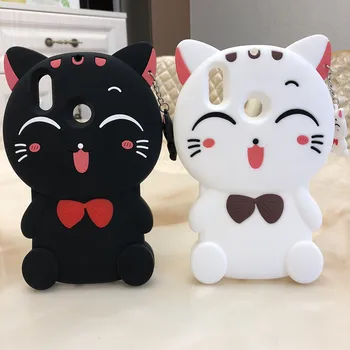 

3D Cartoon Smiling Cat Soft Silicone Cover Case For Huawei Y9 Prime 2019 p smart Z Coin Wallet Cover Lanyard case