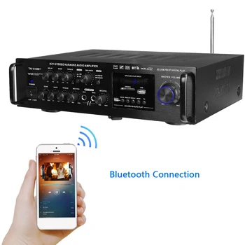 

220-240V wireless digital audio amplifier 4ohm bluetooth stereo karaoke amplifier 2 MIC input FM RC home theater amplifier