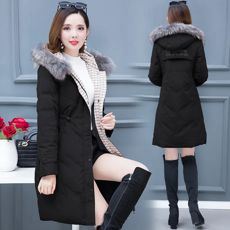 Стиль Женская пуховая куртка Зимняя мода Slim Fit большой меховой воротник с капюшоном средней длины холодной теплое пальто