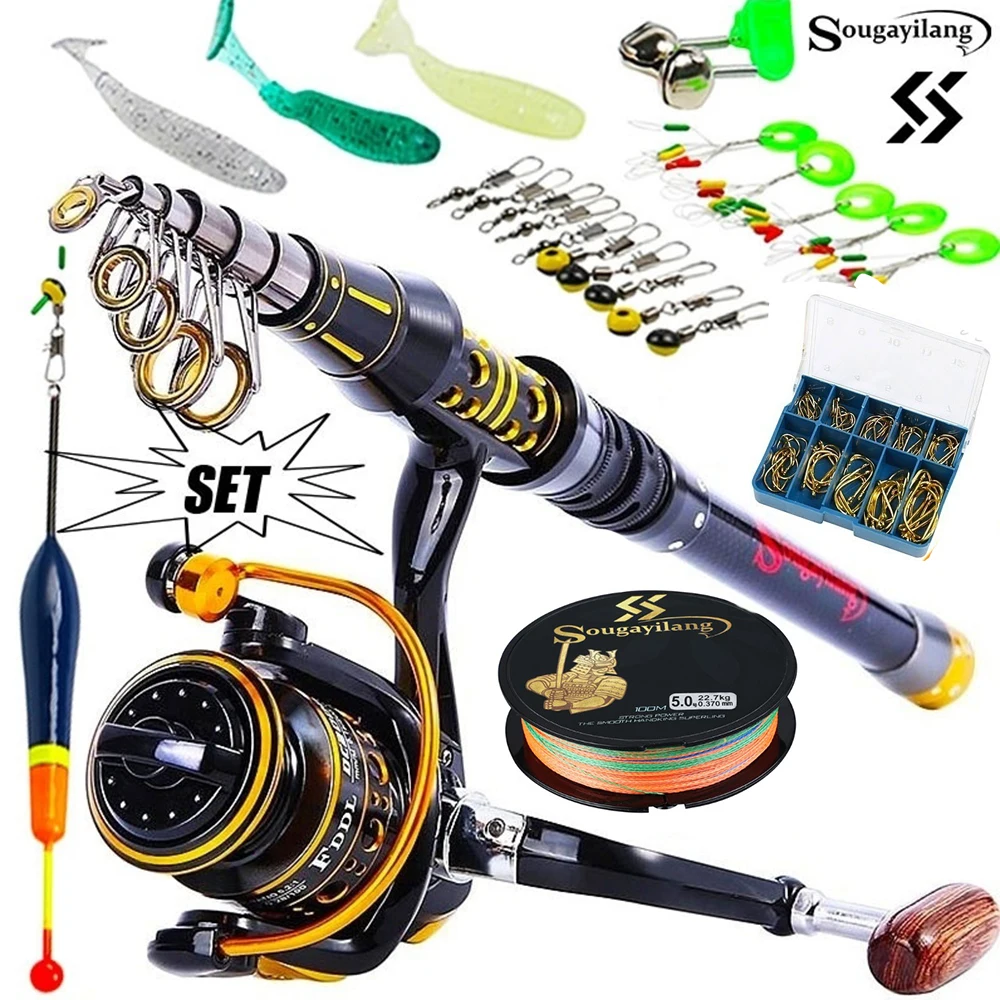 Sougayilang Telescopic Fishing Sea Rod Spinning Reel Fishing Baits Hooks Saltwater Freshwater Professional Fishing Rod Full Kits