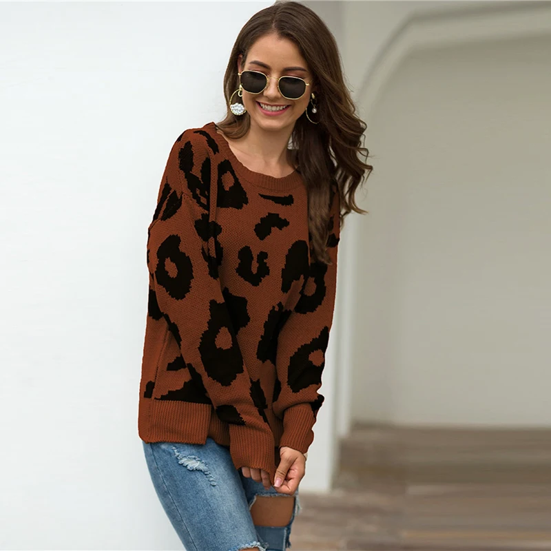 SHEIN зимний Повседневный свитер с леопардовым принтом для женщин, осень, уличная одежда с круглым вырезом и длинным рукавом, однотонные Женские базовые свитера