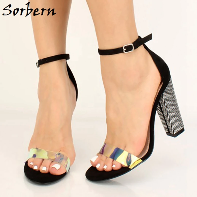 

Sorbern Holographic Sandals Crystal Block High Heel Ankle Strap Chunky Heeled Summer Shoe Ladies Sandalias Feminina Casual Heels