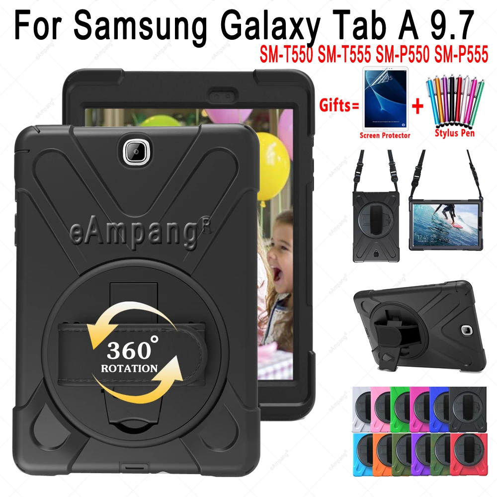Funda con correa de mano para Samsung Galaxy Tab A 9,7 T550 T555 P550 P555, A prueba de golpes para niños, funda Rotable con cuerda, 360|Fundas de tablets y libros electrónicos| -