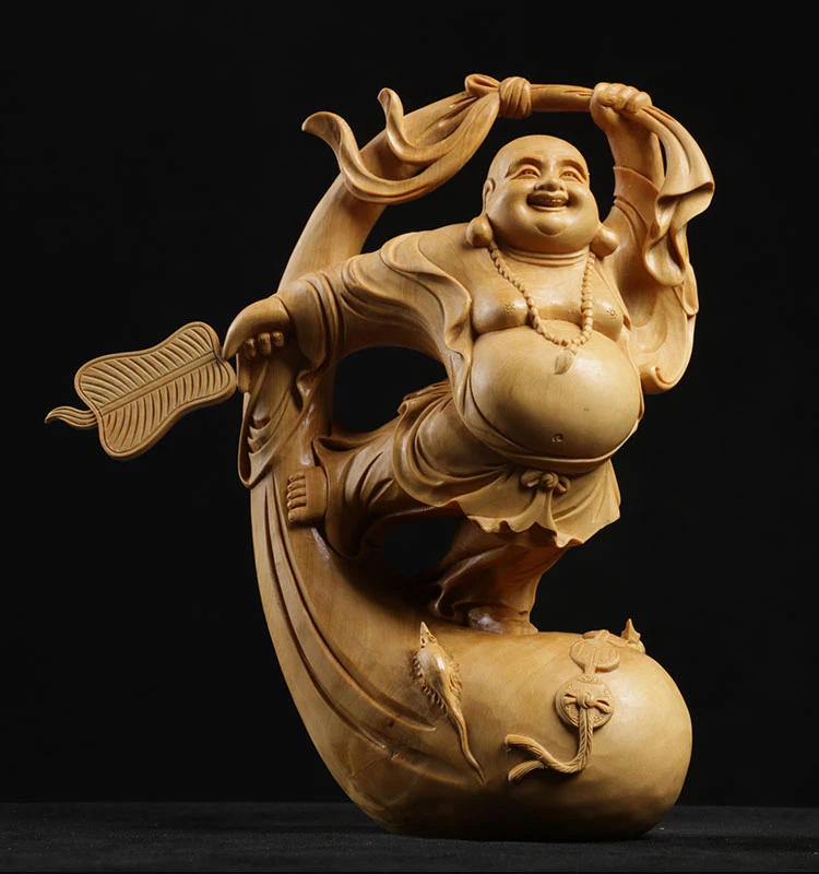 

Boxwood Carving Home Decoration Chinese Decorative Solid Wood Statue Gift Laughing Buddha Maitreya Sculpture Home Decor