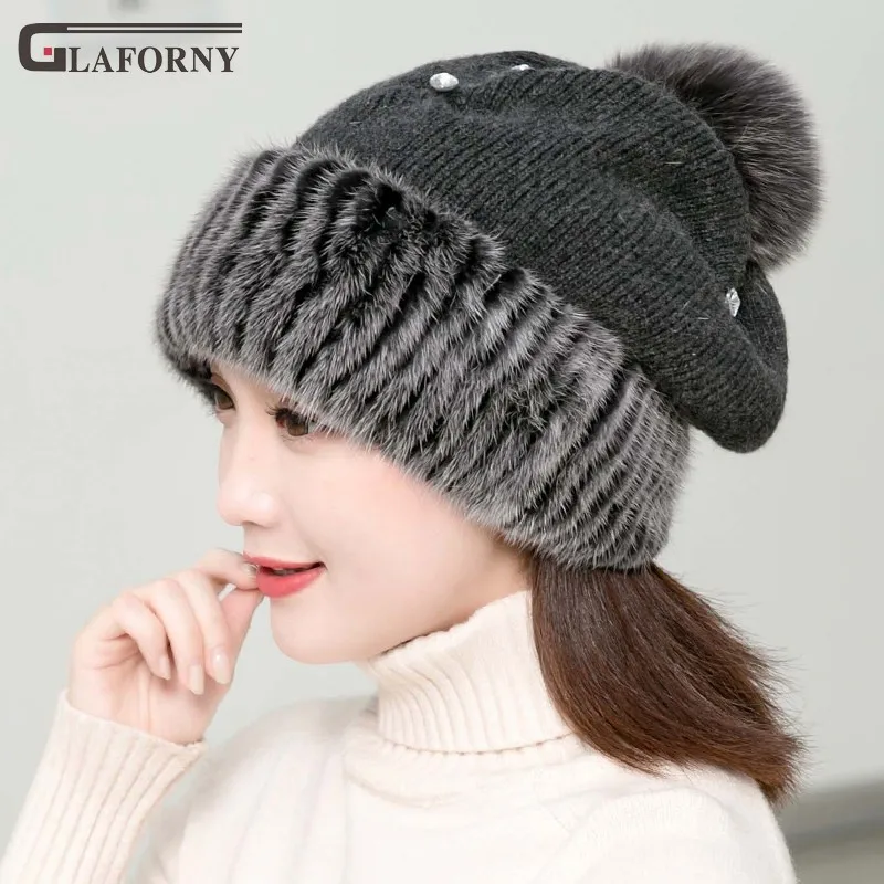 

2019 Glaforny women solid mink fur hat winter Korean version knitted cap sweet lovely joker mink fur thickened woolen cap