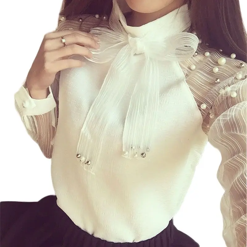 Женская блузка из шифона с длинным рукавом и объемным декором|pearl top|chiffon blouseblouse