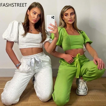 

FASHSTREET Chic Square Collar Puff Sleeve Two Piece Set Women Clothes Slim Tshirt Drawstring Pants Cusual Sporty Streetwear Suit
