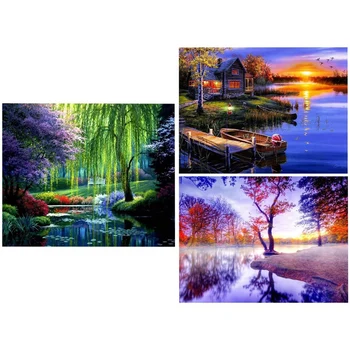 

3 Set Diy 5D Diamond Painting Kit Rhinestone - 1 Set River Landscape Tree & 2 Set Sunset Villa in the Woods By the Lake