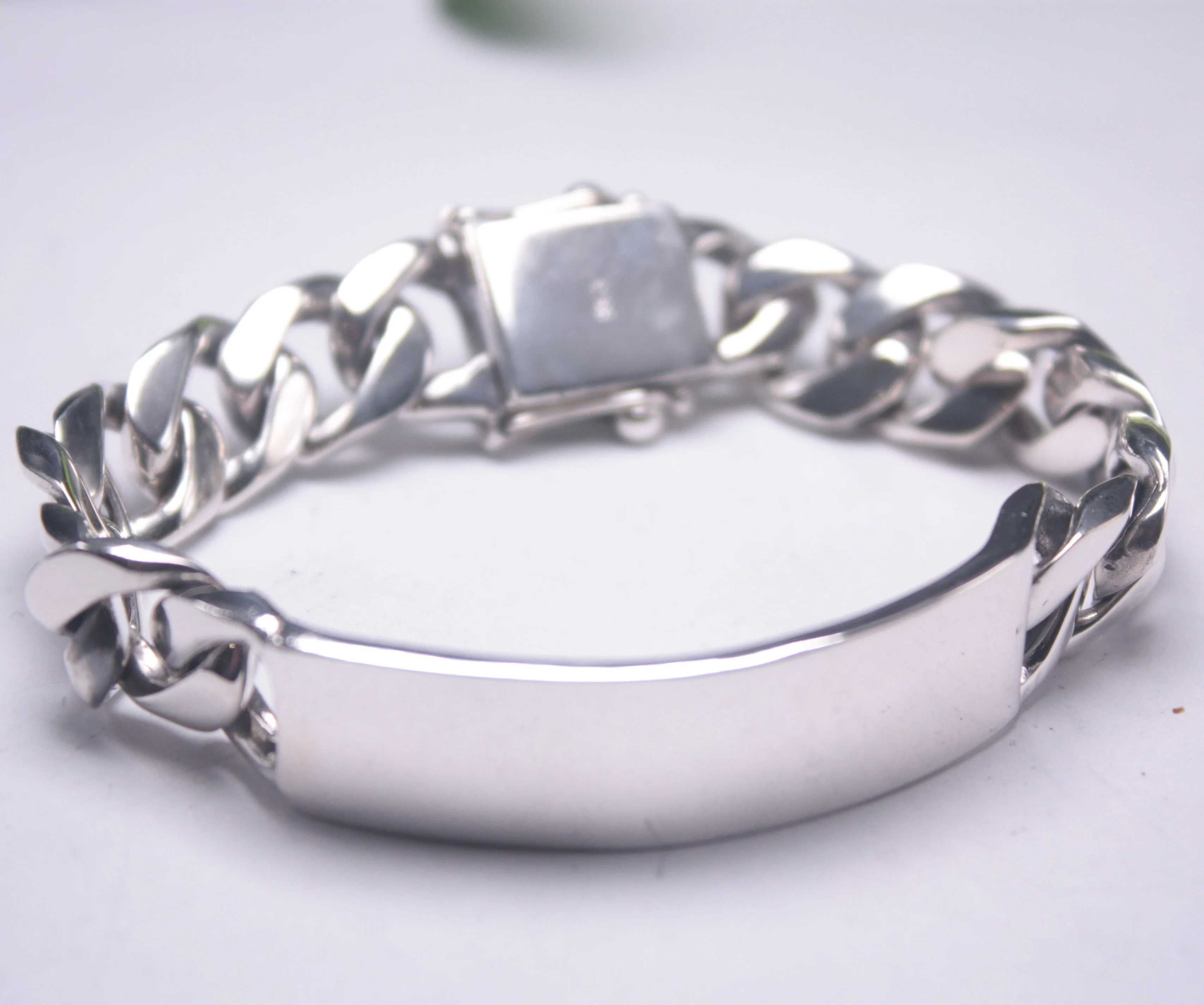 Real S925 Silver Bracelet Women Man's Curb Link 13mm Smooth Rectangle Men's Bracelet 19cm/7.5''L