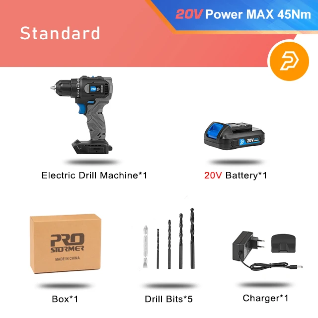 20V/21V Brushless Electric Drill 40NM/45NM Cordless Screwdriver Li-ion Battery Mini Electric Power Drill 5pcs Bit By PROSTORMER PTET1041E