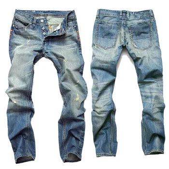 

With Holes Nostalgic Jeans Light Blue Straight Slim Button Men Europe And America Jeans