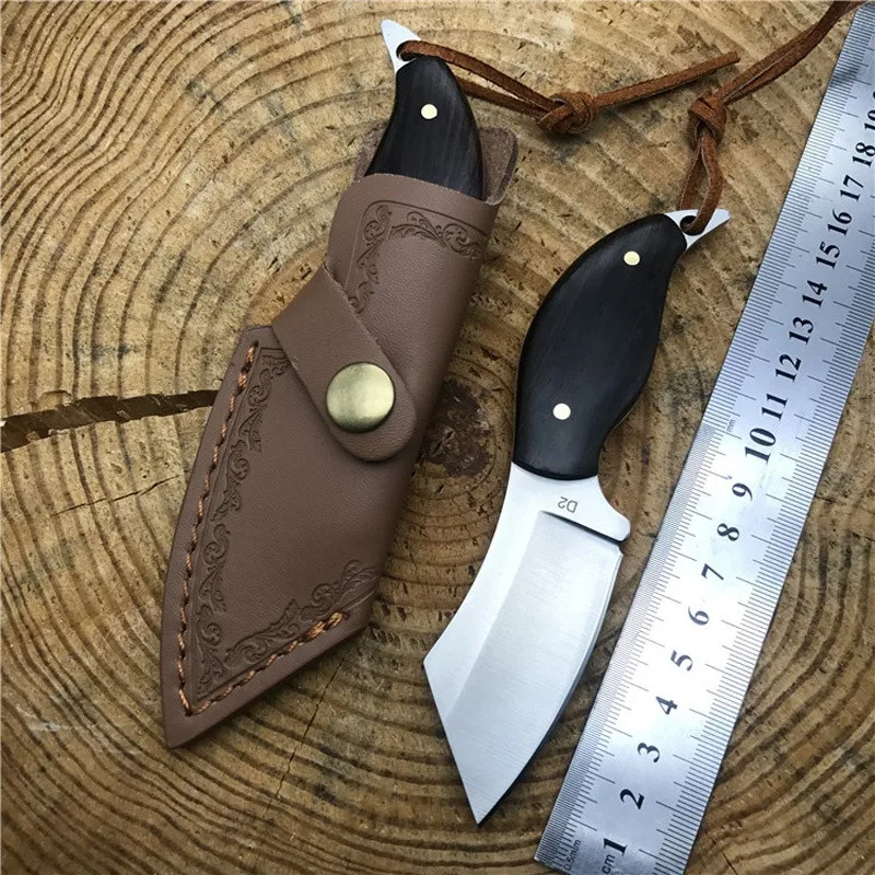 D2 steel mini fixed blade knife with leather cover small outdoor camping black ebony handle Knife | Инструменты