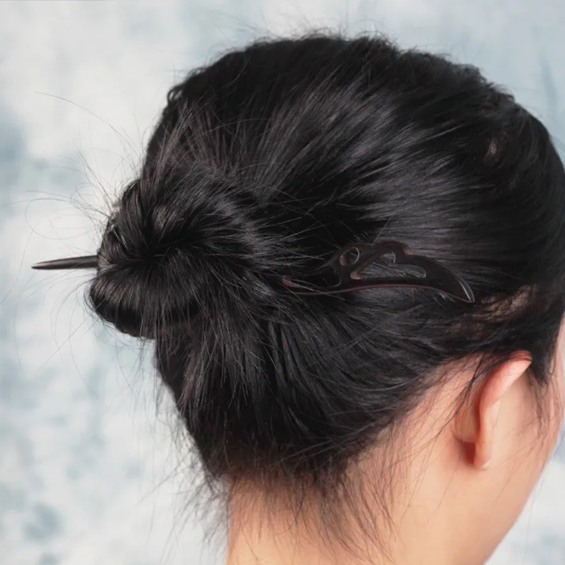 Women Natural Ebony Wood Vintage Pattern Engraved Hair Sticks