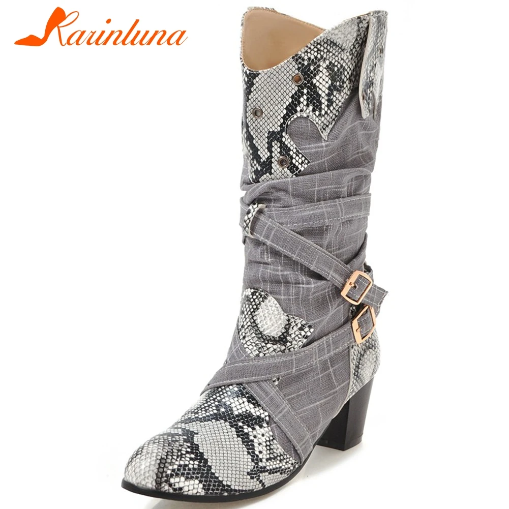 

KARINLUNA Fashion Lady Buckle Belt High Heels Boots Snake Print Mid-Calf Boots Women Pointed Toe Shoes Woman