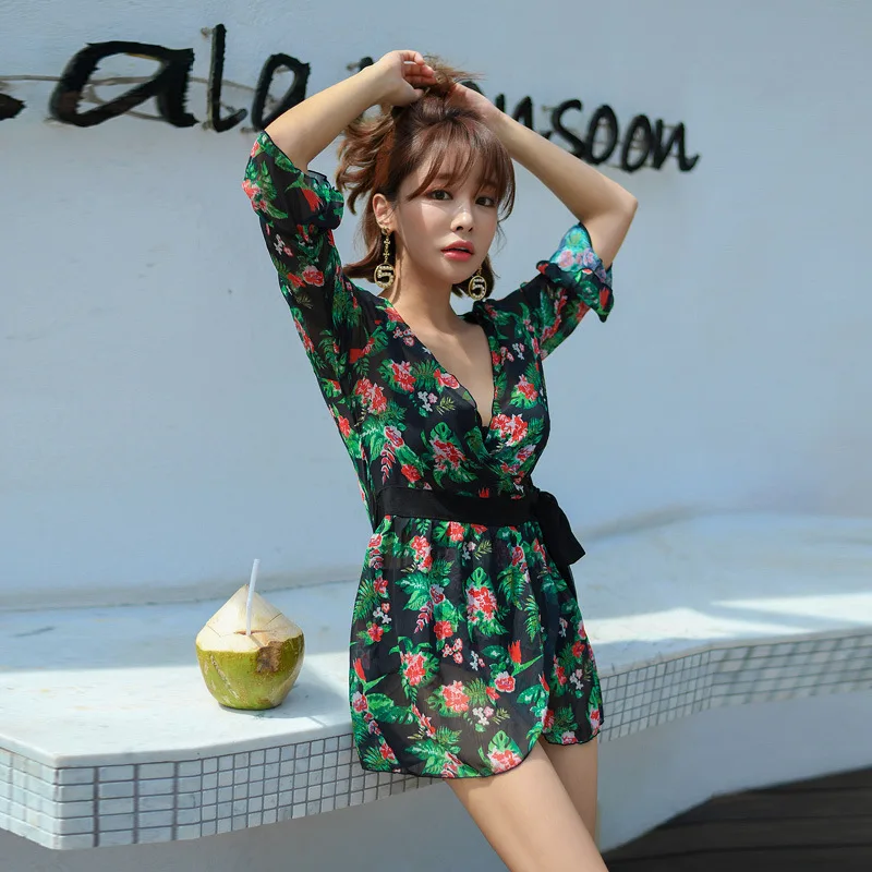 

2019 New Style Bikini Split Type Solid Color Bathing Suit Long Sleeve Blouse Three-piece Set Push up Hot Springs Swimwear