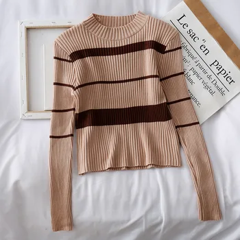 

2020 Autumn & Winter New Arrival Korean Version Slim Striped Short Knit Sweater Tight Long-sleeve Pullover Sweater Free Shipping