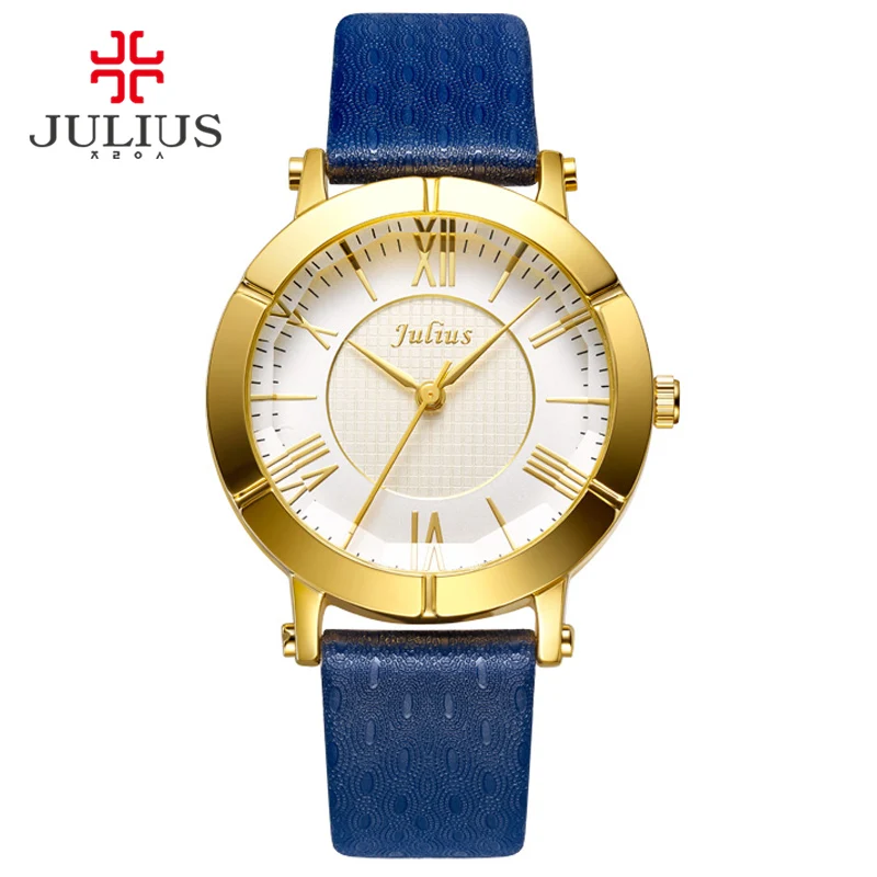 

JULIUS Blau Uhr Frauen Aus Echtem Lederband Rose Gold Überzogene Uhr Top Marke Frauen Luxus Leder Quarz Military Reloj JA-789