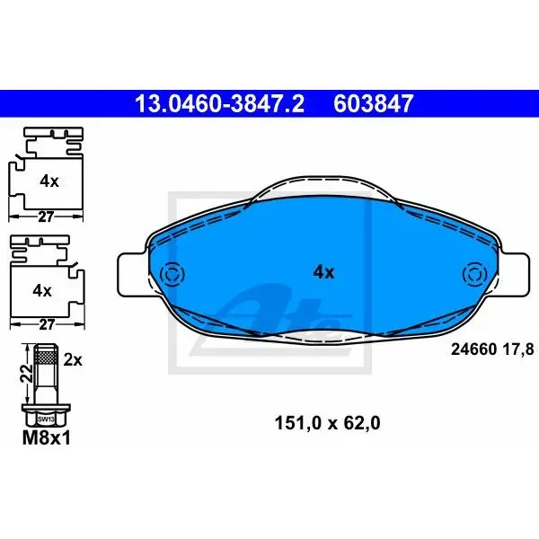 Колодки дисковые п. Peugeot 308 1.4/1.6 07 ATE 13.0460-3847.2 |