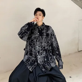 

Men Long Sleeve Line Print Loose Casual Shirt Male Vintage Streetwear Hip Hop Fashion Party Dress Shirts Stage Show Costumes
