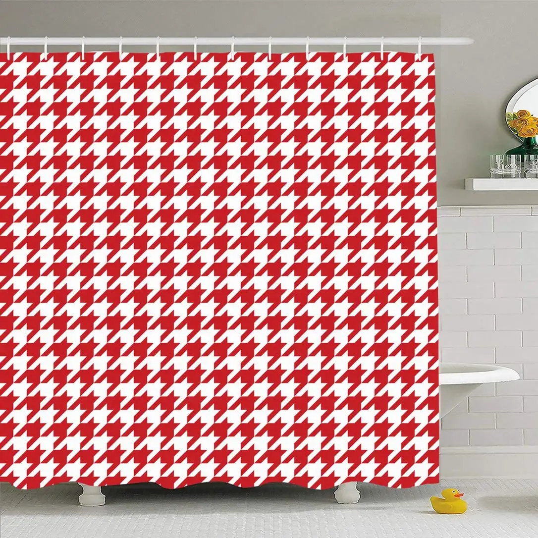 

Shower Curtain Set with Hooks 66x72 Red White Houndstooth Pattern Shape Stylish Traditional Textured Classical Plaid Abstract