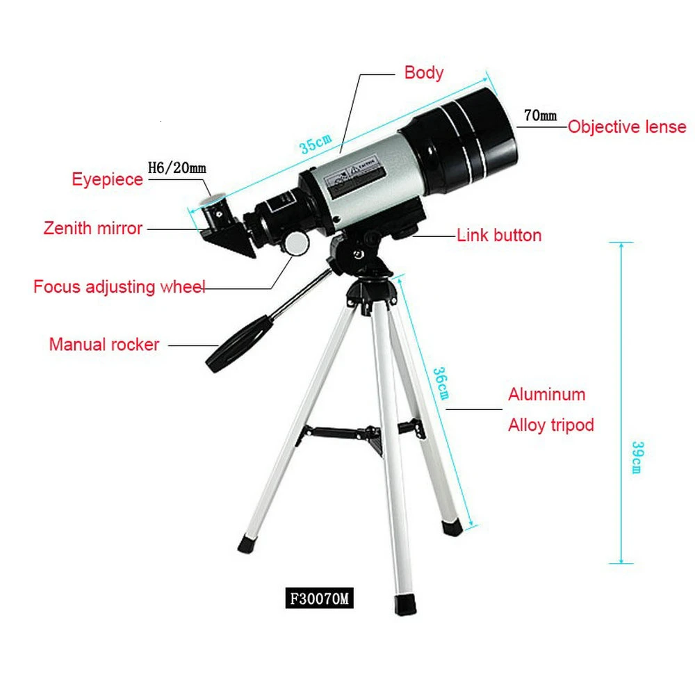 Telescópio profissional monocular astronômico com tripé f30070m