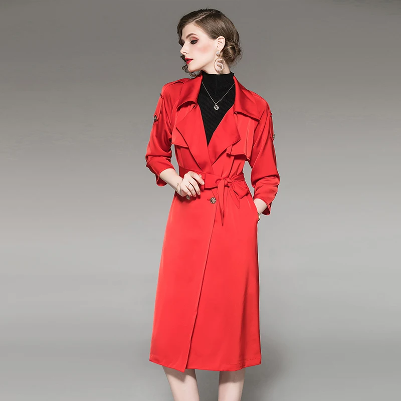 

Spring Autumn Fashion Office Lady Trench Coat Turn down Collar Three Quarter Sleeve Solid Sashes Pockets Casual Women Long Coat