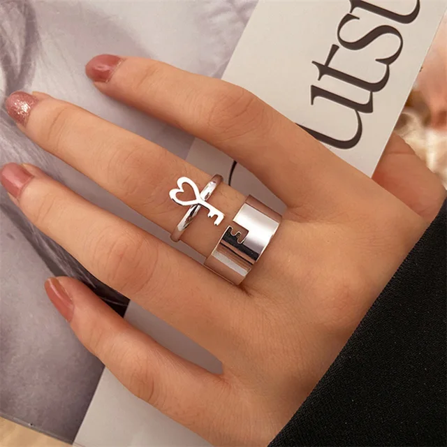 2Pcs Heart Magnet Couple Rings Punk Cuban Chain Charm Paired Rings For Lp Lovers Friend Adjustable Jewelry Party Gift Trend New Style 08