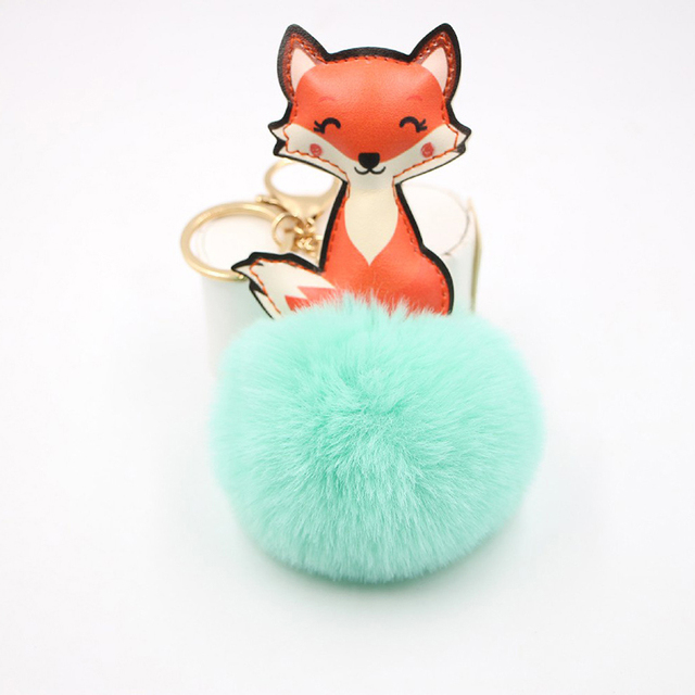 Ball Keychain Charm Key Ring Cute Leather Fox Keyring Plush Fluffy Pompom Faux Rabbit Fur Ball Bag Car Key Charms Accessory