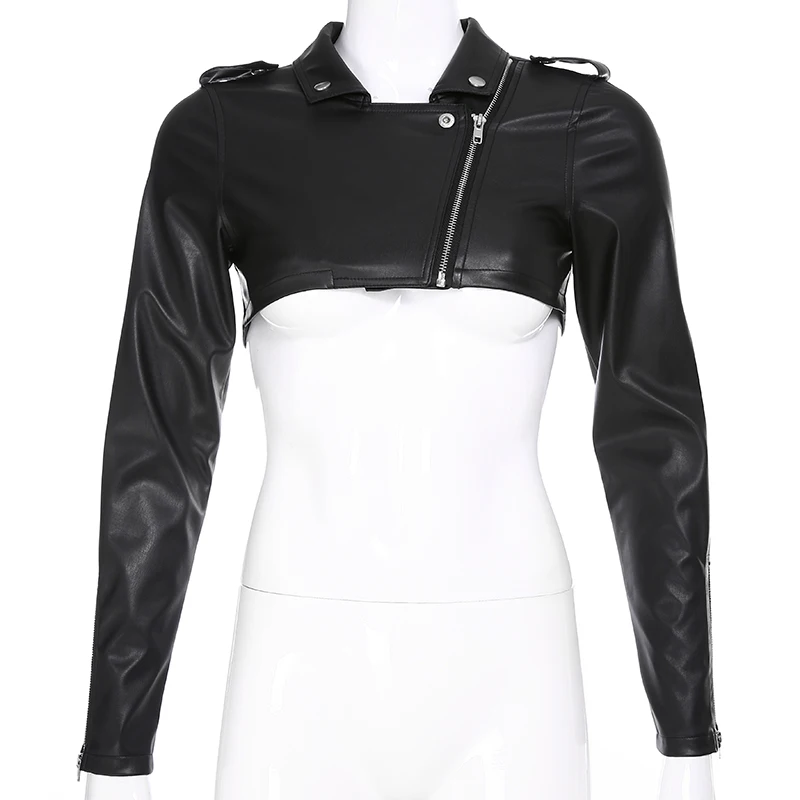 Very best  Iamhotty Black PU Leather Crop Jacket Street Wear Punk Style Womens Coats Long Sleeve Turn-Down Zip