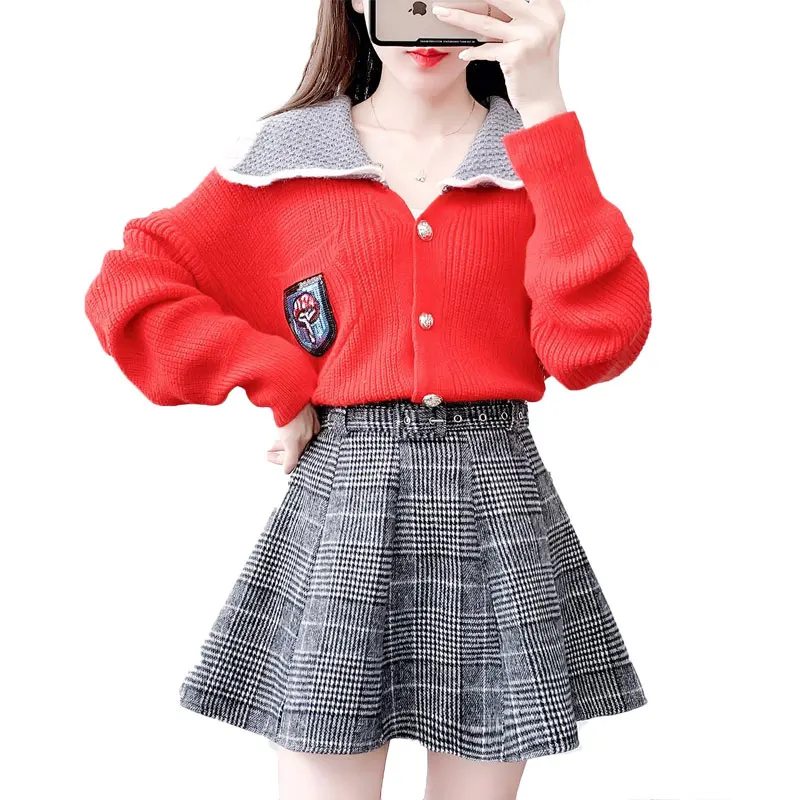 

New Winter Women Cardigan Sweater Institute Fashion Plaid Umbrella Skirt Suit 2 Pcs Clothing Set Outfit Knitwear Loose Top