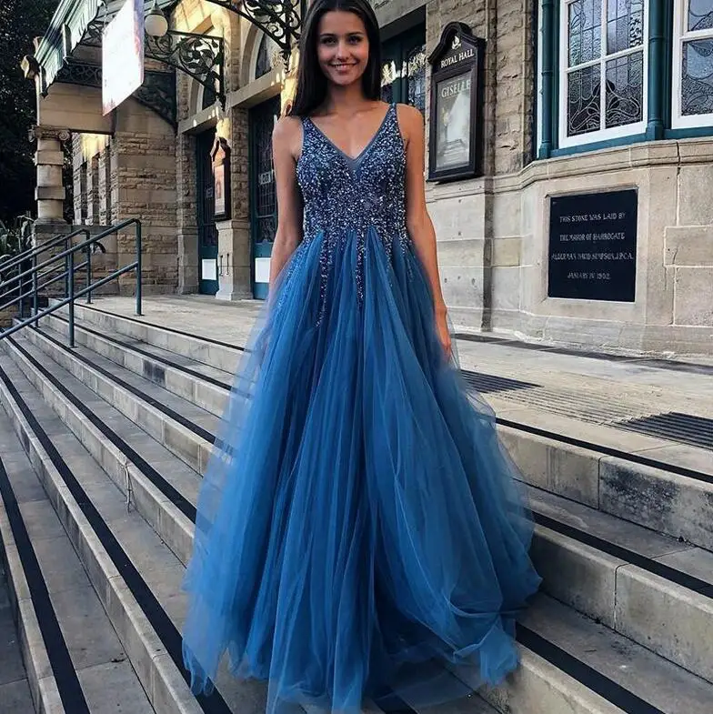 Новая Иллюзия Vestidos de fiesta de noche синий v-образный вырез открытая спина, Тюль Вечерние Выпускные платья 2019