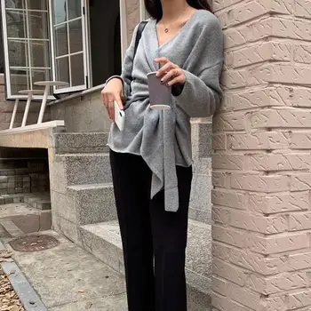 

Autumn Women Long Sleeve Sweater Cardigans V Neck Solid Lace Up Loose Cardigans Belt Women Korean Slim Knitted Sweater