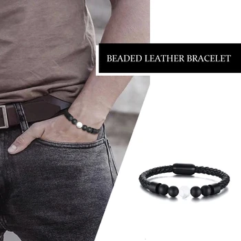 

MEN'S GENUINE LEATHER BRAIDED BRACELET WITH VOLCANIC MALACHITE CARNELIAN STONE BEADS 8.26"(21 CM)