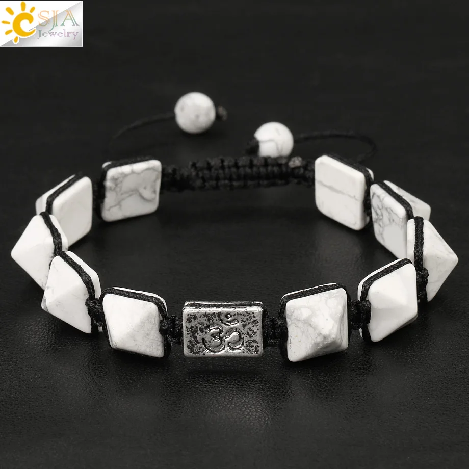 Howlite Csja Пирамида натуральный камень плетеный браслет кристалл Йога 3D AUM символ Регулируемый ручной работы Плетение веревки браслеты для женщин мужчин G223 - Окраска металла: Howlite