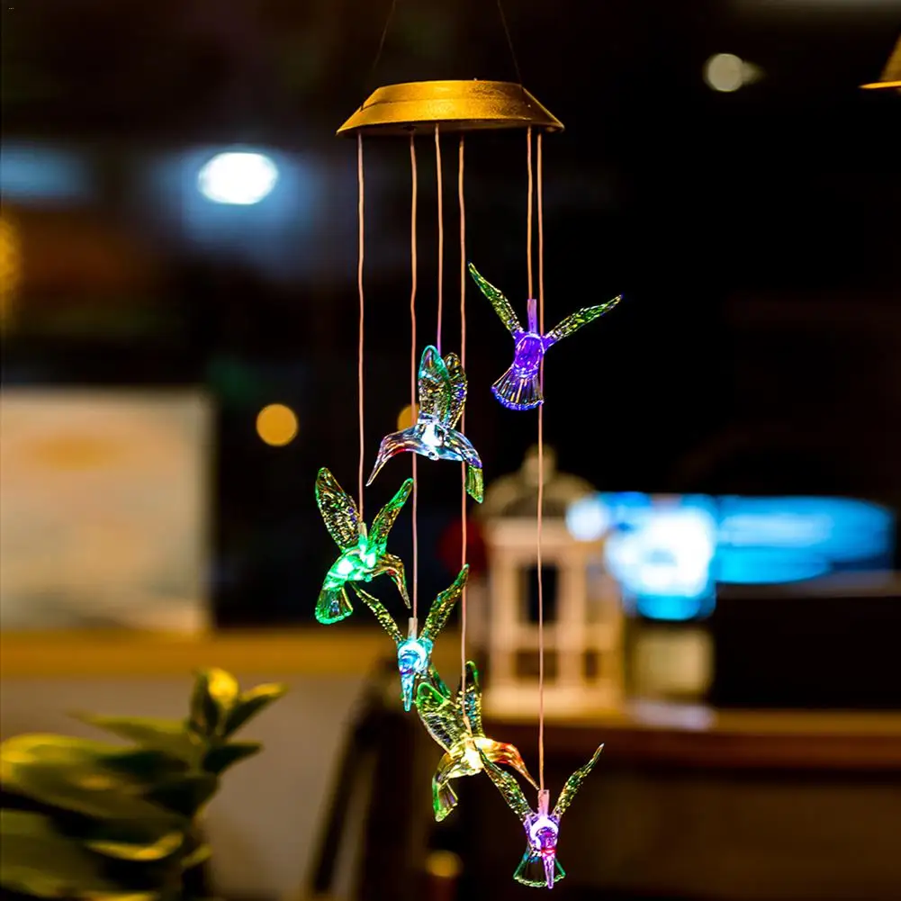 

Color Christmas Window Wind Chime Hanging Lamp Changing LED Solar Powered Hummingbird Wind Chime Light Yard Garden Deco