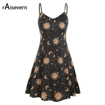 

2020 New Backless Women Dress Sun Moon Print Strap Dress Women V Neck Mini Dress A-Line Dresses Vestidos Drop Shipping