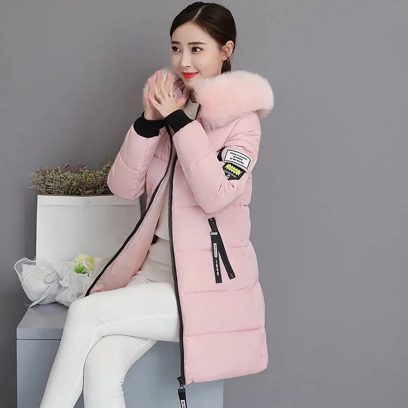 Pink Vangull женские хлопковые парки пальто съемный меховой воротник с хлопковой подкладкой с капюшоном плотное пальто Зима Новая женская теплая длинная одежда - Цвет: Pink