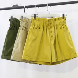 Хлопковая эластичная Шорты с высокой талией Для женщин 2019 летний свободный, в Корейском стиле широкие шорты школьные Короткие штаны дамы