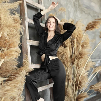 

HiLoc Black Long Sleeve Satin Sleepwear Solid Pijamas Women Sexy Home Wear Autumn Faux Silk Pajamas Set Winter 2020 Nightwear