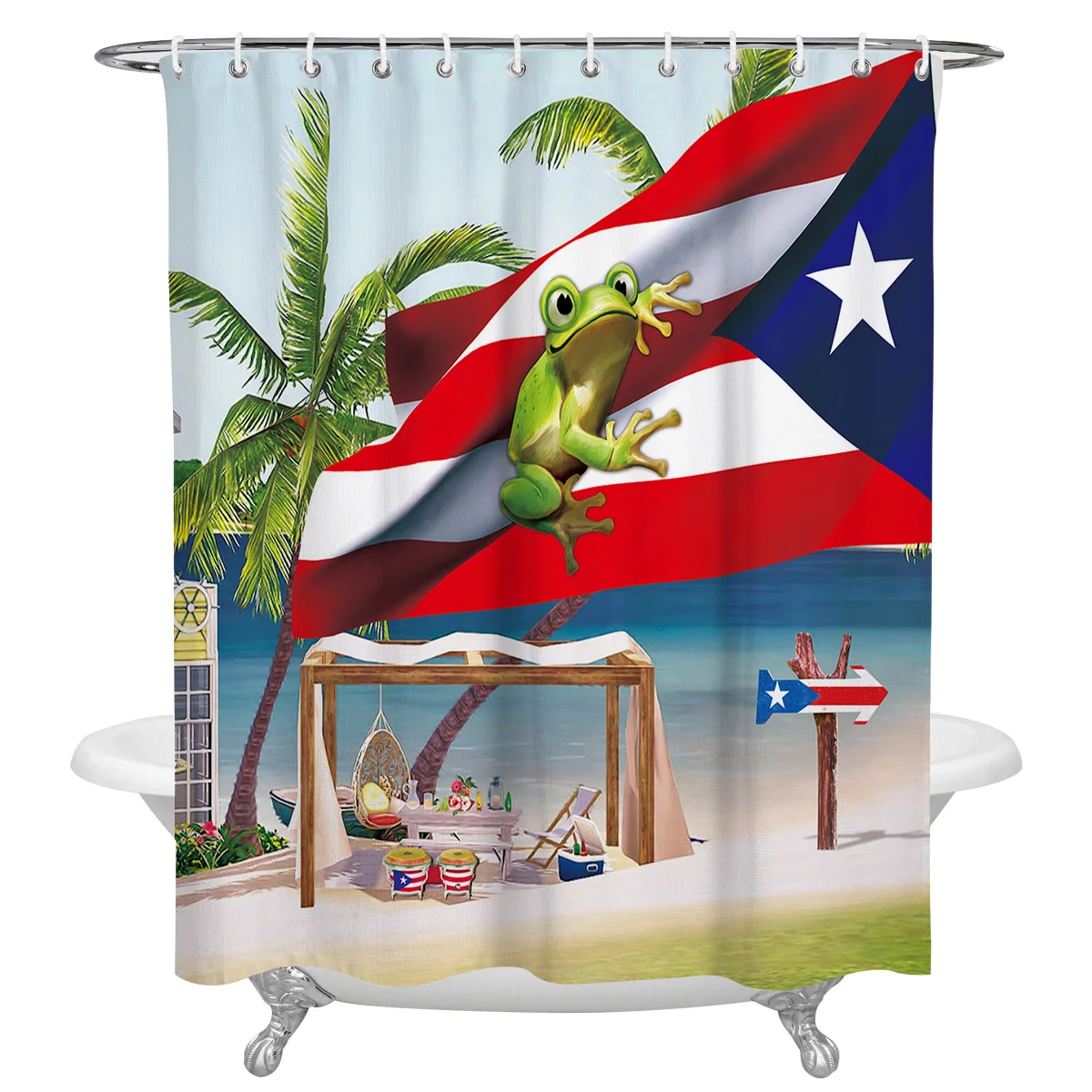 Palm Tree Puerto Rico Flag Frog Beach Bathroom Shower Curtain Polyester