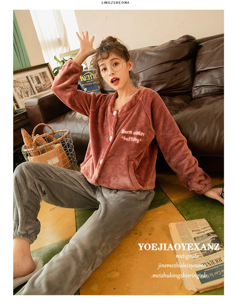 JULY'S SONG Women Pajama Sets Flannel Winter Pajamas Long Sleeve Full Trousers Simple Casual Warm Flannel Thick Homewear Suit