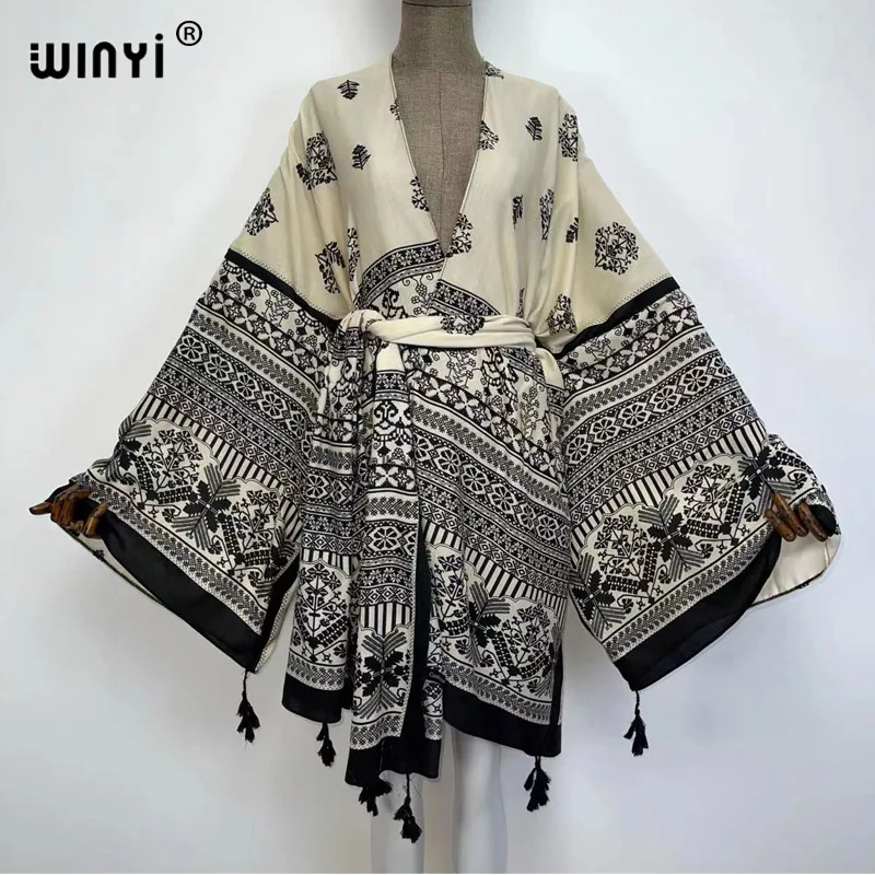 2021 WINYI new Cotton Bikini Sweet Lady Pink Boho Print Self Belted Front Open Long Kimono Dress Beach Tunic Women Wrap Dresses bathing suit with matching cover up Cover-Ups