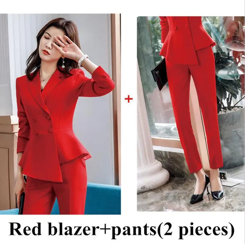 Red blazer pants Женский красный Блейзер, тонкий, весна-осень, элегантный женский офисный жакет, офисный костюм с рюшами, двубортный Блейзер, однотонный - Цвет: Red blazer pants