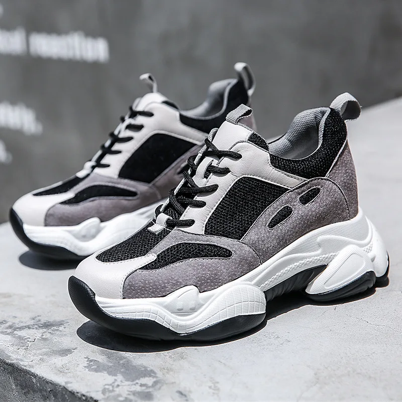 

CINESSD Flat Platform Sneakers Women Fashion Thick Bottom Height Increasing 7 CM Black/White Casual Chunky Shoes Ladies Shoes