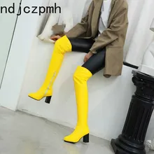 Женские сапоги новые осенние и зимние модные женские сапоги выше колена на высоком каблуке с острым носком на молнии, большие размеры 34-48, высота 7 см