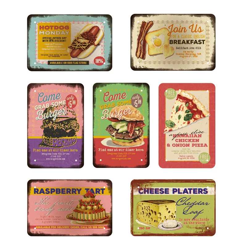 

Burger/Pizza/Coffee/Hot Dog/Cheese Vintage Metal Signs Retro Plaque Wall Cafe Snack Tin Sign Bar House Decor Billboard Poster