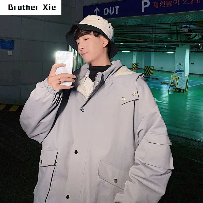 

Winter Thick Jacket Men Warm Fashion Parka Men Solid Color Hooded Coat Man Streetwear Loose Lambskin Jacket Male Clothes S-2XL