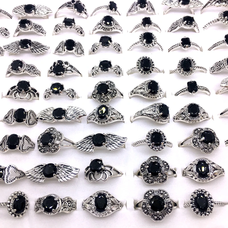MixMax 50PCs/Lot Womens Rings Mix Styles Silver Plated Black Stone Vintage Jewelry Party Gifts Wholesale dropshipping